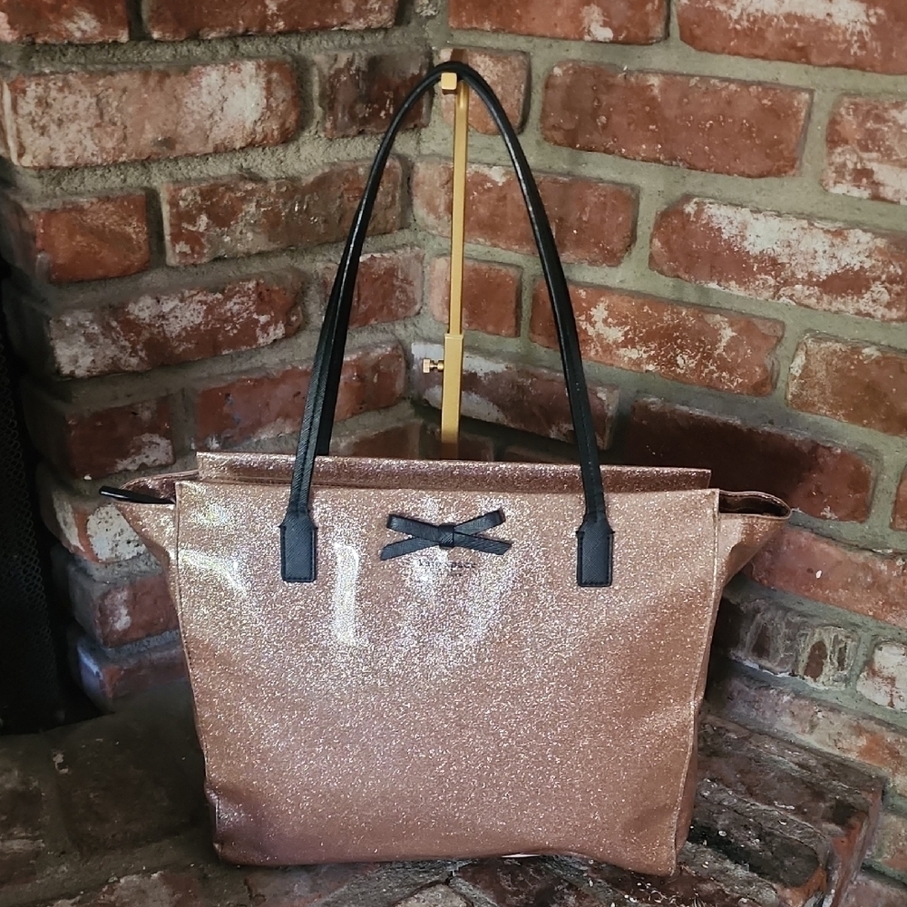 Kate Spade Rose Gold Glitter Tote Bow Black Handles Sparkly Shopper Bag